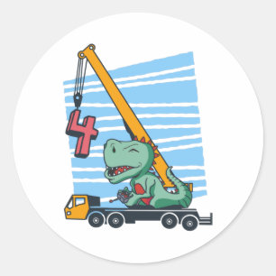 4 jaar 4e verjaardag Mobiele kraan Dinosaur Ronde Sticker