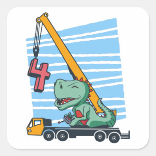 4 jaar 4e verjaardag Mobiele kraan Dinosaur Vierkante Sticker