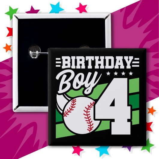 4 Jaar Oud Baseball Party Thema 4e Verjaardag Jong Vierkante Button 5,1 Cm