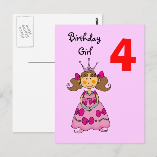 4 jaar oude prinses (bruin haar) briefkaart (Voorkant / Achterkant)