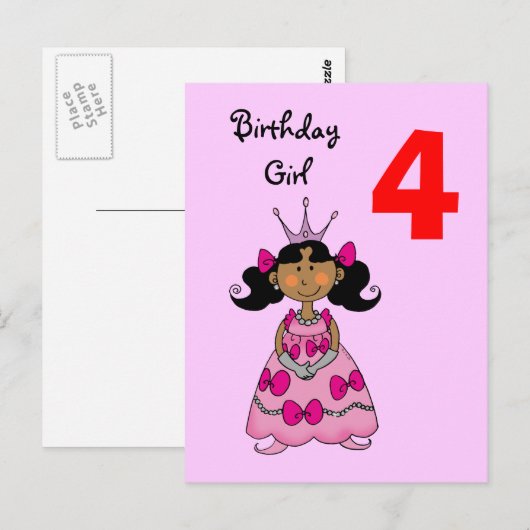 4 jaar oude prinses (zwart haar) briefkaart (Voorkant / Achterkant)