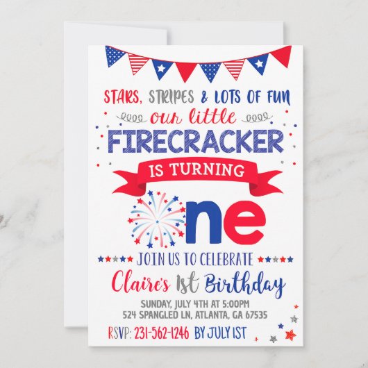 4 juli 1 Verjaardag Uitnodiging Rood Wit Blauw (Voorkant)