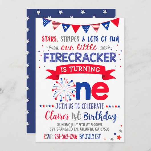 4 juli 1 Verjaardag Uitnodiging Rood Wit Blauw (Voorkant / Achterkant)