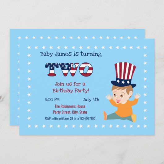 4 juli 2e verjaardagsfeestje voor baby jongen kaart (Voorkant / Achterkant)