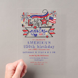 4 juli achtertuin BBQ & vuurwerk Amerika 250 Acryl Uitnodigingen