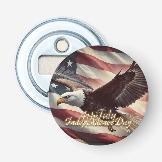 4 juli Adelaar met Amerikaanse vlag Button Flesopener (Voorkant)