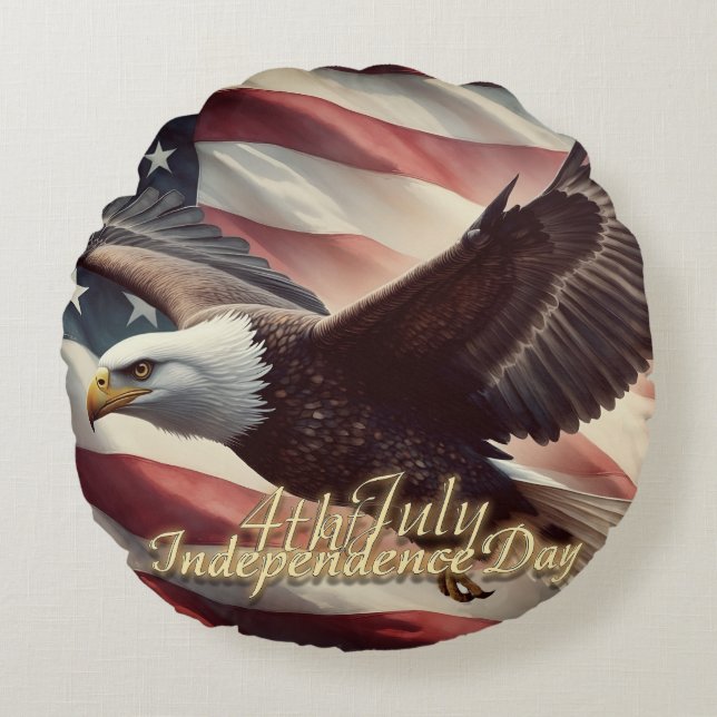 4 juli-adelaar met Amerikaanse vlag Rond Kussen (Voorkant)