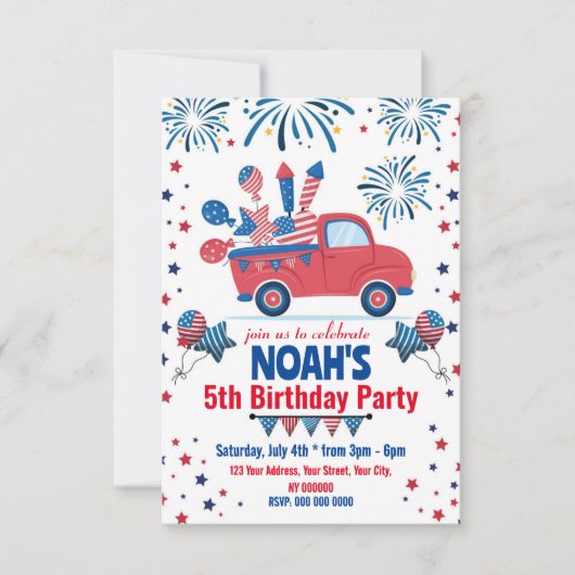 4 juli ALLE LEEFTIJD Verjaardag Uitnodiging (Voorkant)