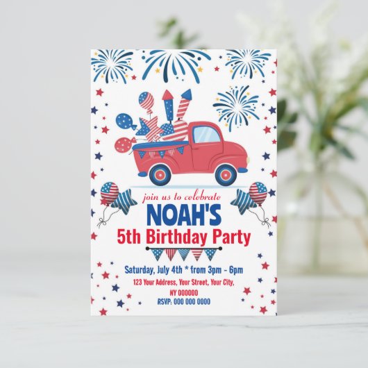 4 juli ALLE LEEFTIJD Verjaardag Uitnodiging (Staand voorkant)