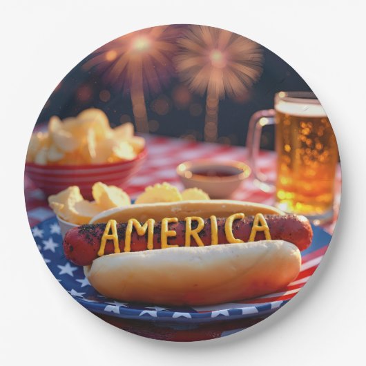 4 juli Amerikaanse hotdog en bier Papieren Bordje (Voorkant)