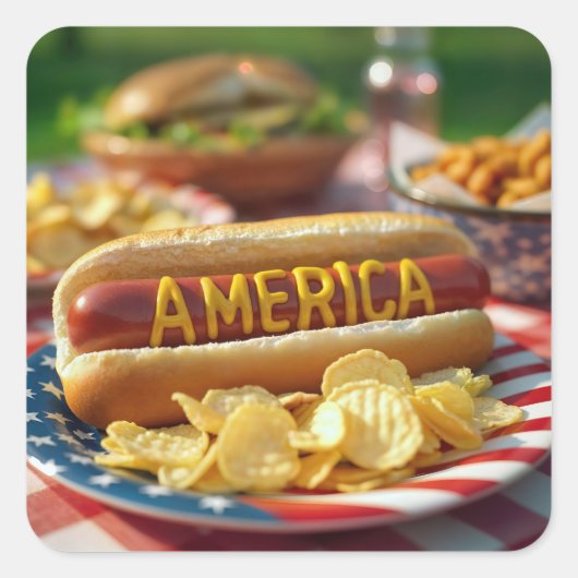4 juli Amerikaanse hotdog Vierkante Sticker (Voorkant)