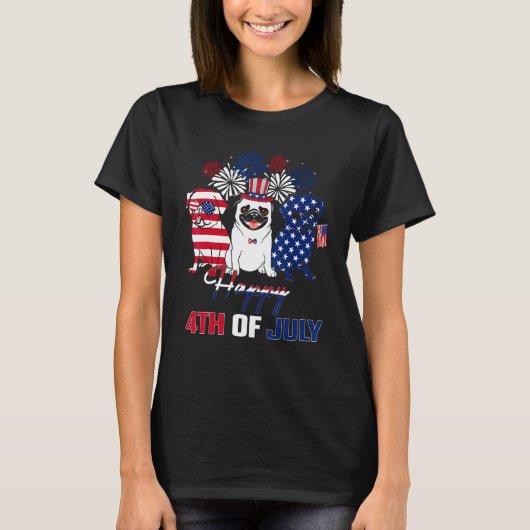 4 juli Amerikaanse vlag Drie Rood Witte Pug Blauwe T-shirt (Voorkant)