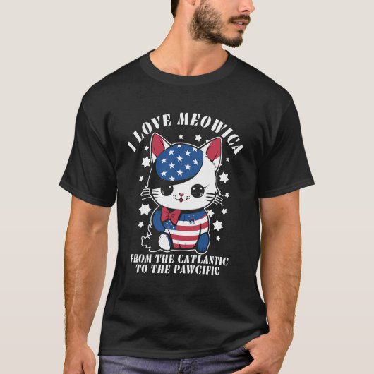 4 juli Amerikaanse vlag Ik hou van Meowica kat vro T-shirt (Voorkant)