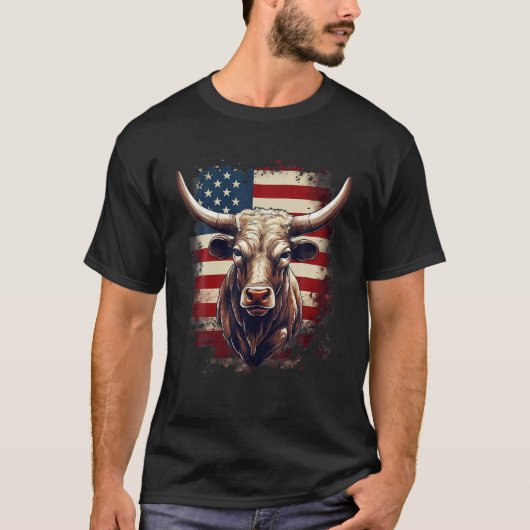 4 juli Amerikaanse vlag Texas Longhorn Bull T Shir T-shirt (Voorkant)
