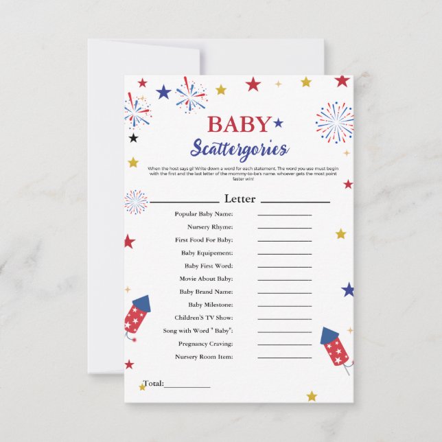 4 juli baby scattergories baby shower spel (Voorkant)