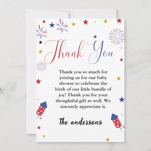 4 juli Baby shower Dank u kaart (Voorkant)