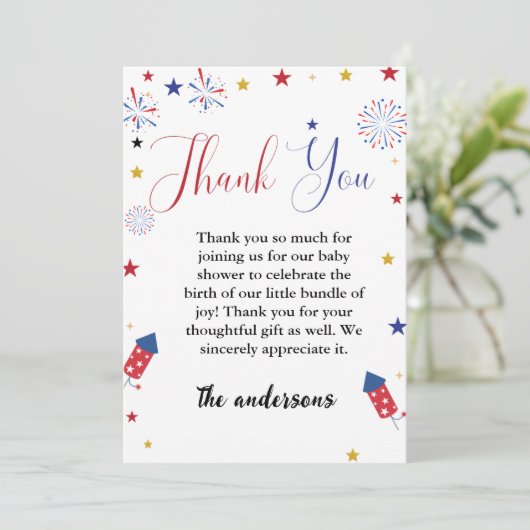 4 juli Baby shower Dank u kaart (Staand voorkant)