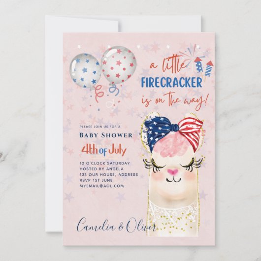 4 juli BABY SHOWER INVITE Firecracker Llama Kaart (Voorkant)