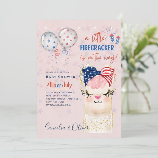 4 juli BABY SHOWER INVITE Firecracker Llama Kaart (Staand voorkant)