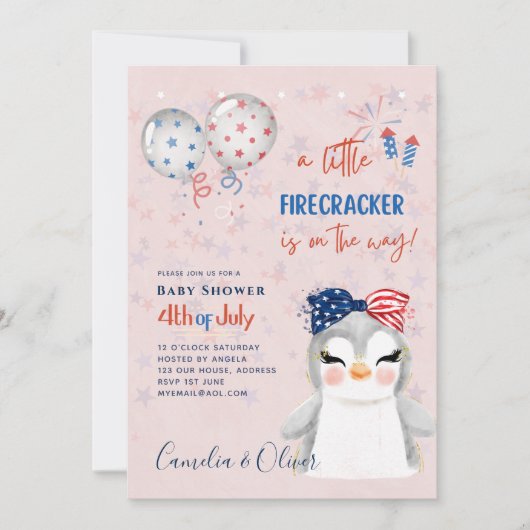 4 juli BABY SHOWER INVITE Firecracker Penguin Kaart (Voorkant)