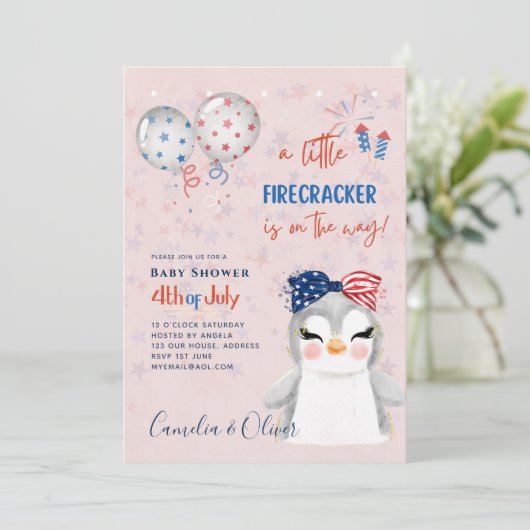4 juli BABY SHOWER INVITE Firecracker Penguin Kaart (Staand voorkant)