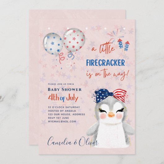 4 juli BABY SHOWER INVITE Firecracker Penguin Kaart (Voorkant / Achterkant)