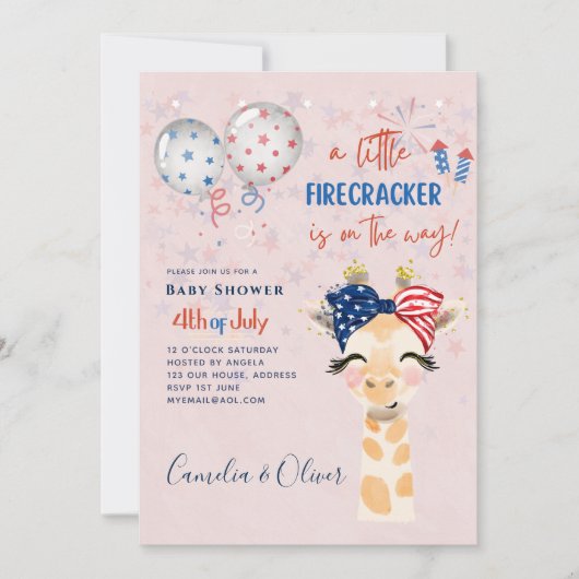 4 juli BABY SHOWER UITNODIGING Vuurwerk Giraffe (Voorkant)