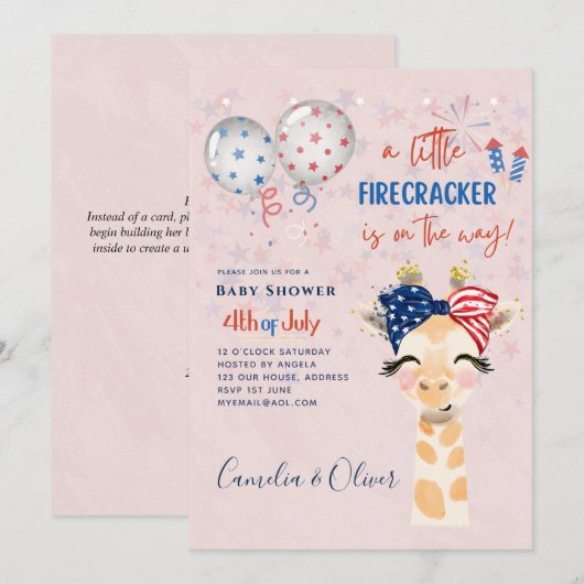 4 juli BABY SHOWER UITNODIGING Vuurwerk Giraffe (Voorkant / Achterkant)