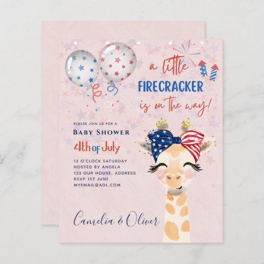 4 juli BABY SHOWER UITNODIGING Vuurwerk Giraffe (Voorkant / Achterkant)