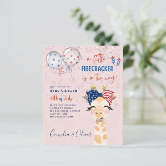 4 juli BABY SHOWER UITNODIGING Vuurwerk Giraffe (Staand voorkant)