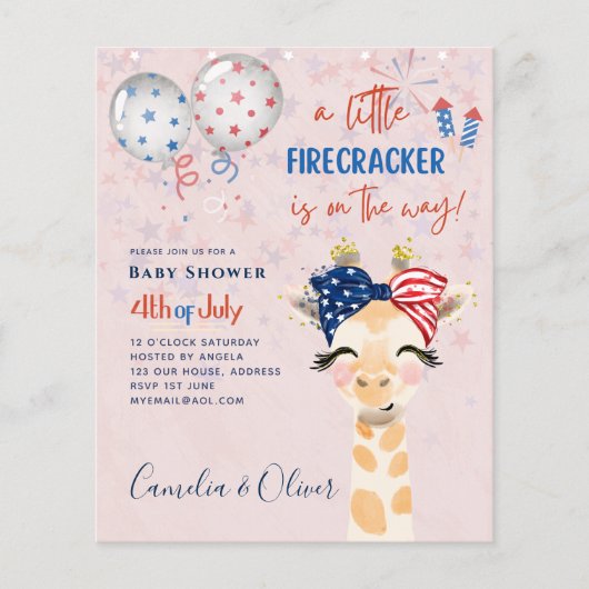 4 juli BABY SHOWER UITNODIGING Vuurwerk Giraffe (Voorkant)