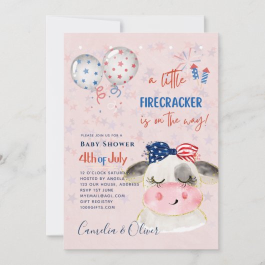 4 juli BABY SHOWER UITNODIGING Vuurwerk Koe (Voorkant)
