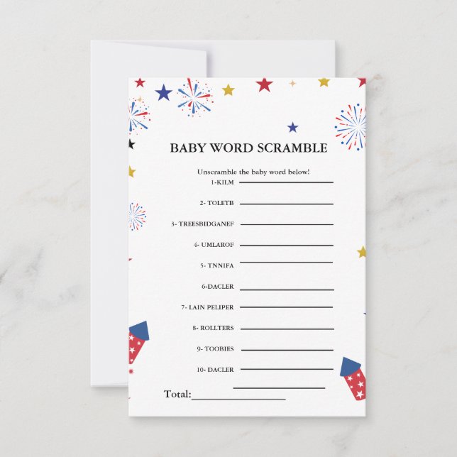 4 juli Baby Word scramble baby shower spel (Voorkant)