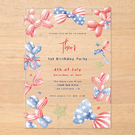 4 juli Ballon Baby Boy 1e Verjaardagsfeest Acryl Uitnodigingen