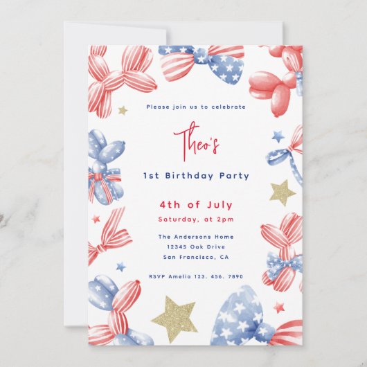 4 juli Ballon Baby Boy 1e Verjaardagsfeest Kaart (Voorkant)