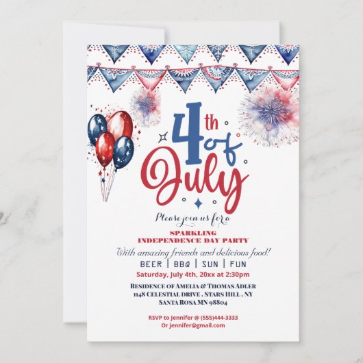 4 juli ballon moderne kalligrafie feestuitnodiging aankondiging (Voorkant)