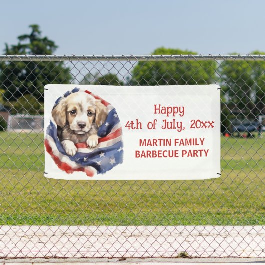 4 juli Barbecue Party Amerikaanse vlag puppy Spandoek (Insitu)