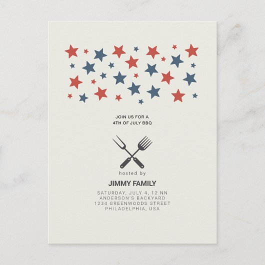 4 juli BBQ Party Invitation Briefkaart (Voorkant)