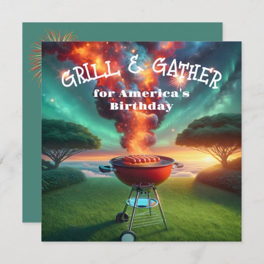 4 juli BBQ Party Met Grill en Vuurwerk Kaart (Voorkant / Achterkant)