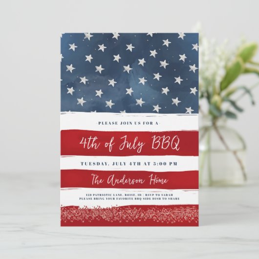 4 juli BBQ Uitnodiging Bewerkbaar Rood Wit Blu (Staand voorkant)