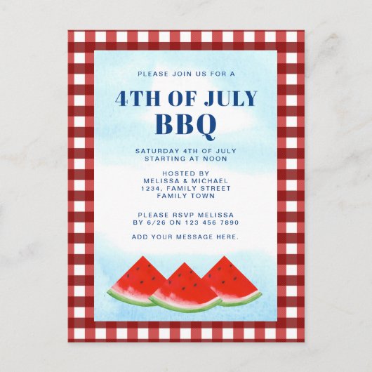 4 juli BBQ Uitnodiging Briefkaart (Voorkant)