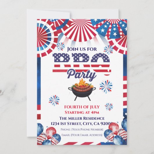 4 juli BBQ uitnodiging, Feest in de VS uitnodiging (Voorkant)