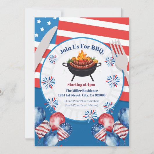 4 juli BBQ uitnodiging, feest in de VS uitnodiging (Voorkant)