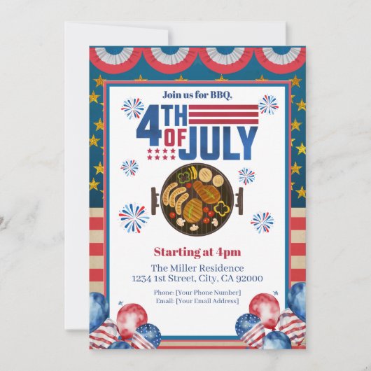 4 juli BBQ uitnodiging, Feest in de VS uitnodiging (Voorkant)