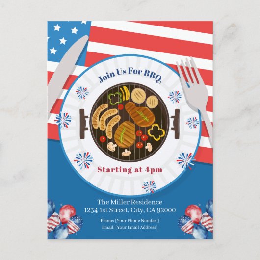 4 juli BBQ uitnodiging, Feest in de VS uitnodiging (Voorkant)