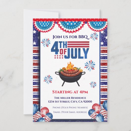 4 juli BBQ uitnodiging, feest in de VS uitnodiging (Voorkant)