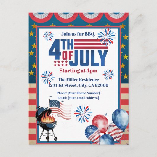 4 juli BBQ uitnodiging, feest in de VS uitnodiging (Voorkant)