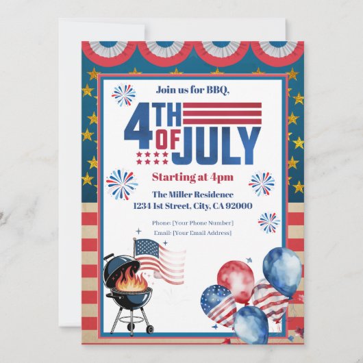 4 juli BBQ uitnodiging, feest in de VS uitnodiging (Voorkant)