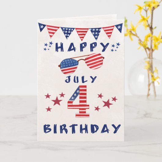 4 juli Birthday Red White Blue Fun Kaart (Gele Bloem)