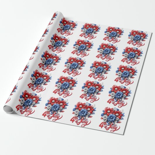 4 juli Bloemen in Rood Wit & Blauw Patriottisch Cadeaupapier (Uitgerold)